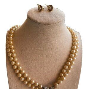 Vintage faux pearl and multi color tone Strand necklace With gold 1928 Earrings